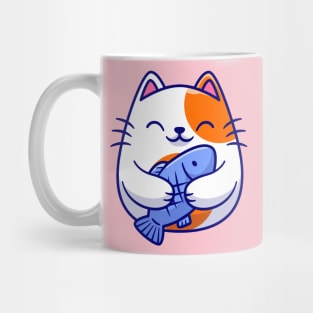 Cute Cat Holding Fish Cartoon Mug